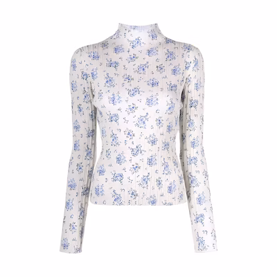 (Women) Acne Studios White Floral Print Half-Turtleneck Knit Sweater. A60302-AEM