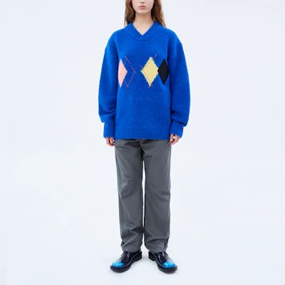 (Women) ADER ERROR FW21 Blue V-Neck Argyle Pullover Sweater. BKAFWLK09BL Purchase (Women) ADER ERROR FW21 Blue V-Neck Argyle Pullover Sweater. BKAFWLK09BL