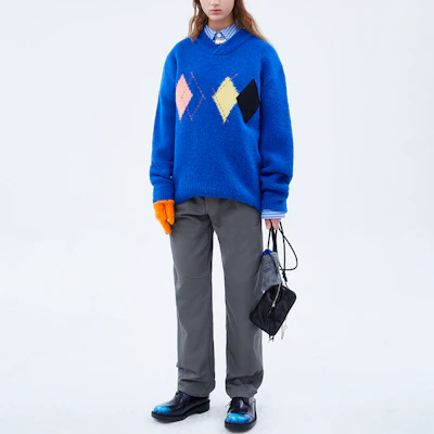 (Women) ADER ERROR FW21 Blue V-Neck Argyle Pullover Sweater. BKAFWLK09BL Details for (Women) ADER ERROR FW21 Blue V-Neck Argyle Pullover Sweater. BKAFWLK09BL