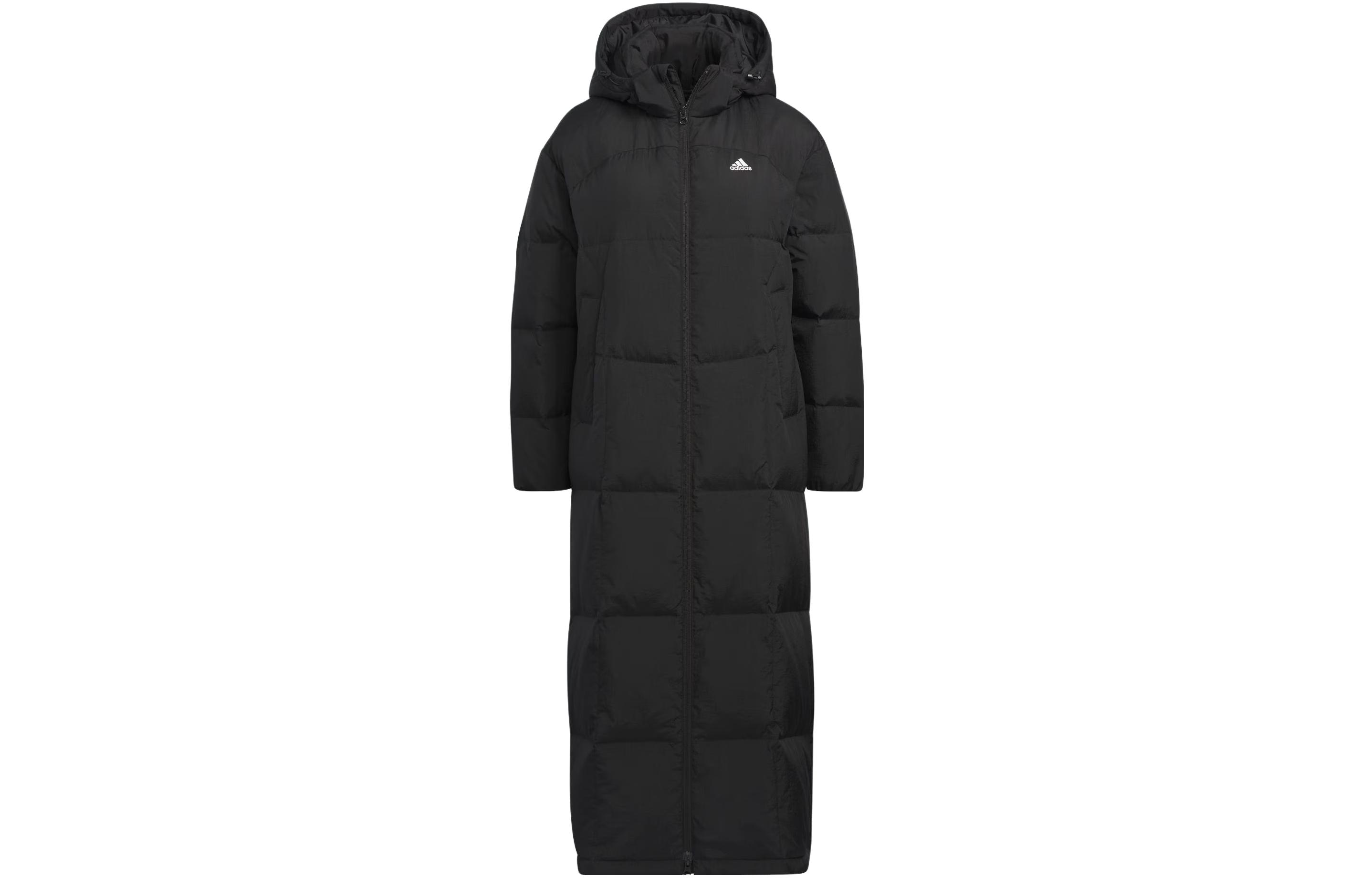 (Women) adidas  Black Long Down Jacket with Triple Stripes and Hood IK2385