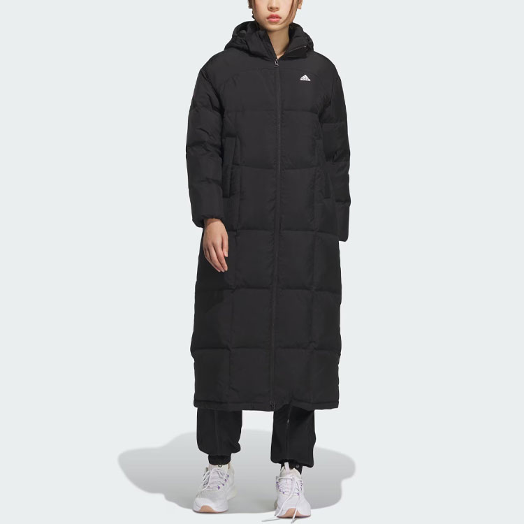 Lookbook (W) 아디다스 블랙 트리플 스트라이프 후드 롱패딩 재킷 IK2385