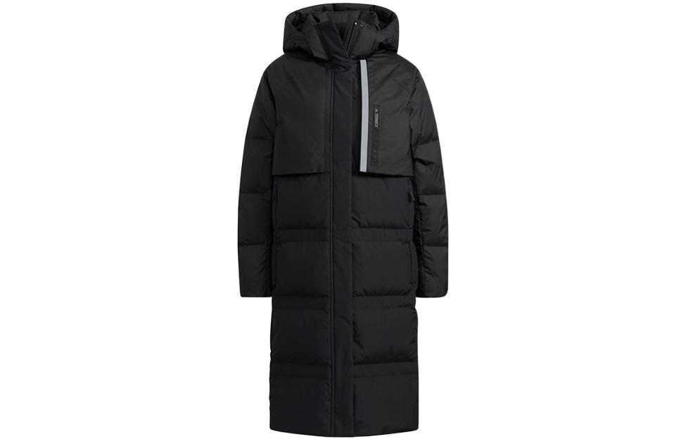 (Women) adidas  Black Long Hooded Puffer Jacket with Glow-in-the-Dark Stripes. H13861