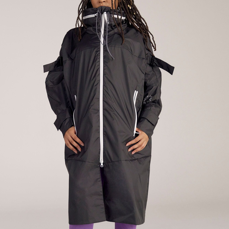 Lookbook (Women) adidas  Black Long Straight-Cut Hooded Zip Windbreaker H59966