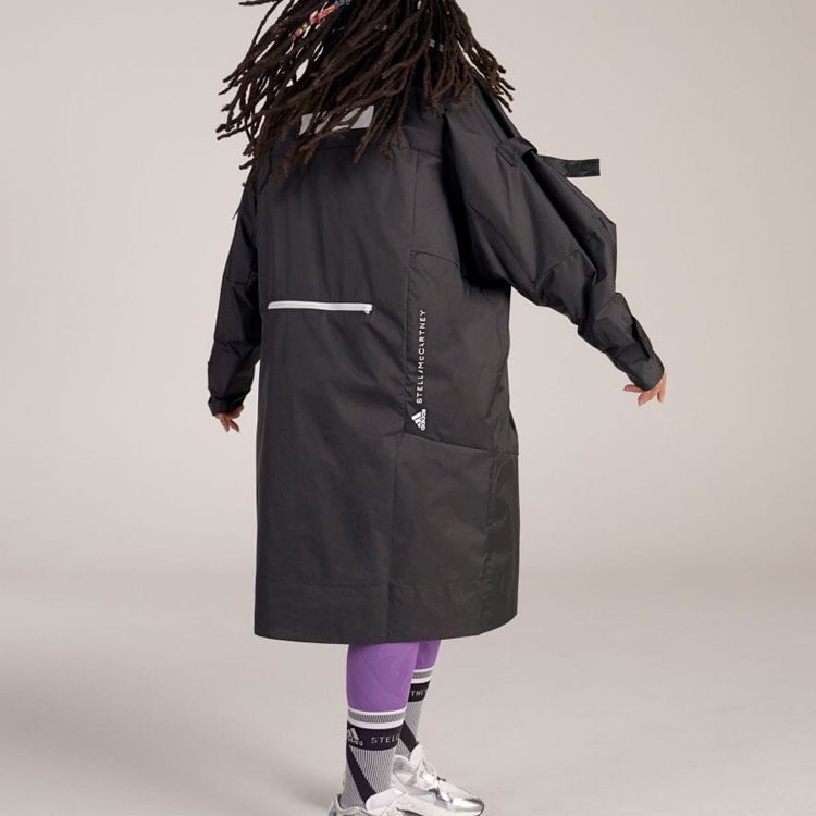 Shop (Women) adidas  Black Long Straight-Cut Hooded Zip Windbreaker H59966