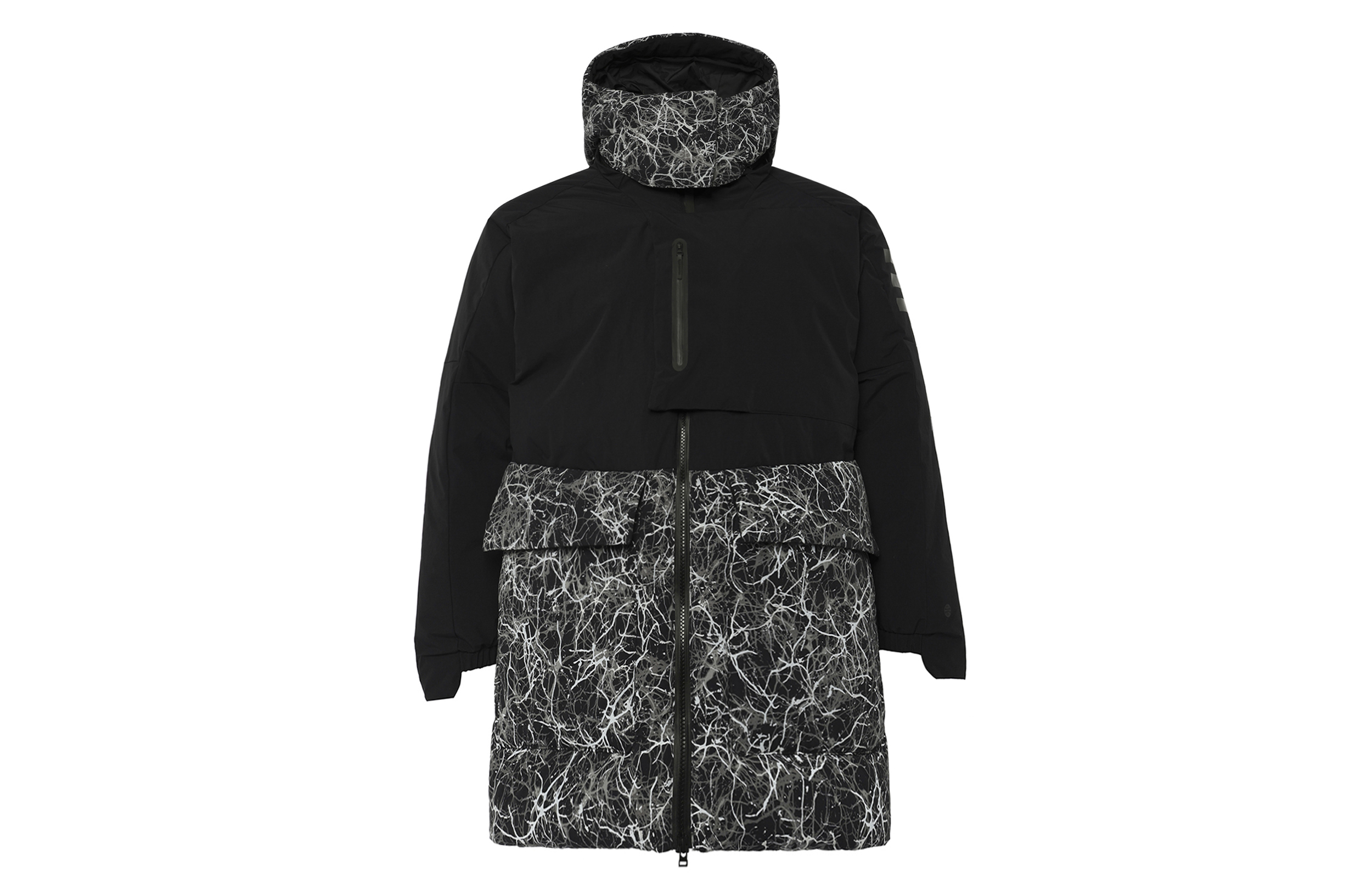 (Women) adidas  Black Puffer Jacket with Zipper, Patchwork, and High Collar. HN6941