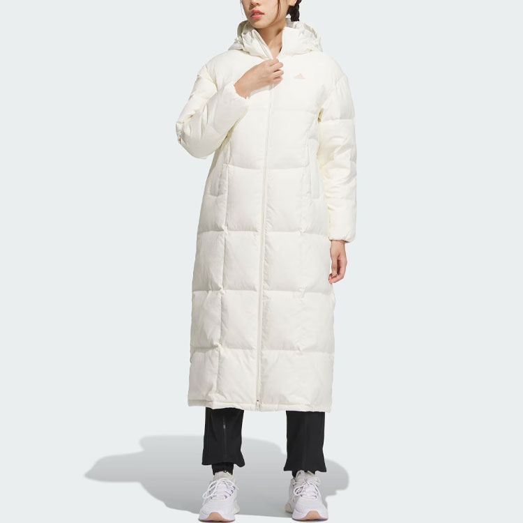 Lookbook (W) 아디다스 삼선 다운 재킷, 캐주얼 후드 코트 - 오프 화이트. IK2384