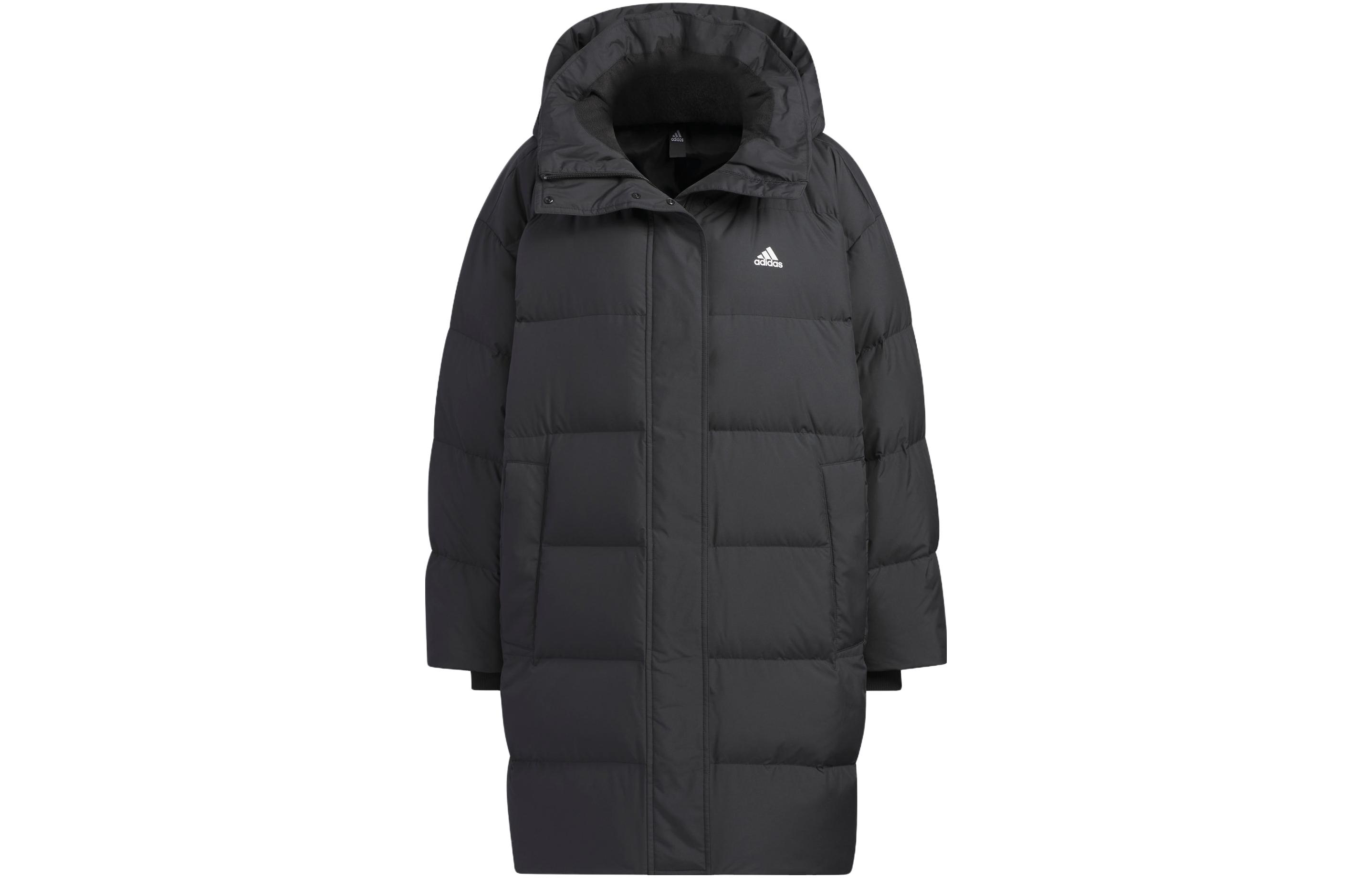 (Women) adidas  Long Printed Hooded Down Jacket Black - Winter Windproof Casual. IV7556