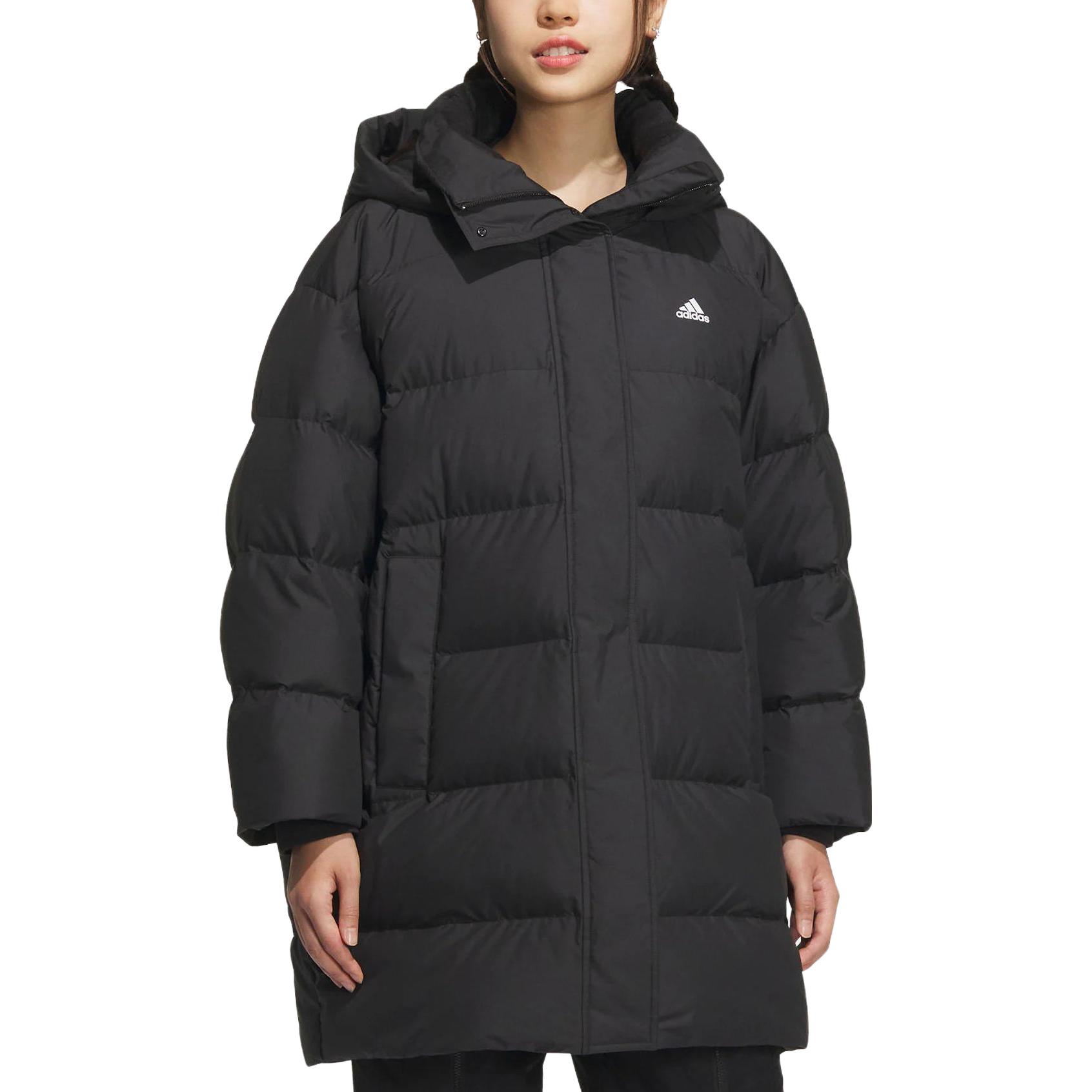 Lookbook (W) アディダス ロングプリントフード付きダウンジャケット ブラック 防風冬用カジュアル IV7556