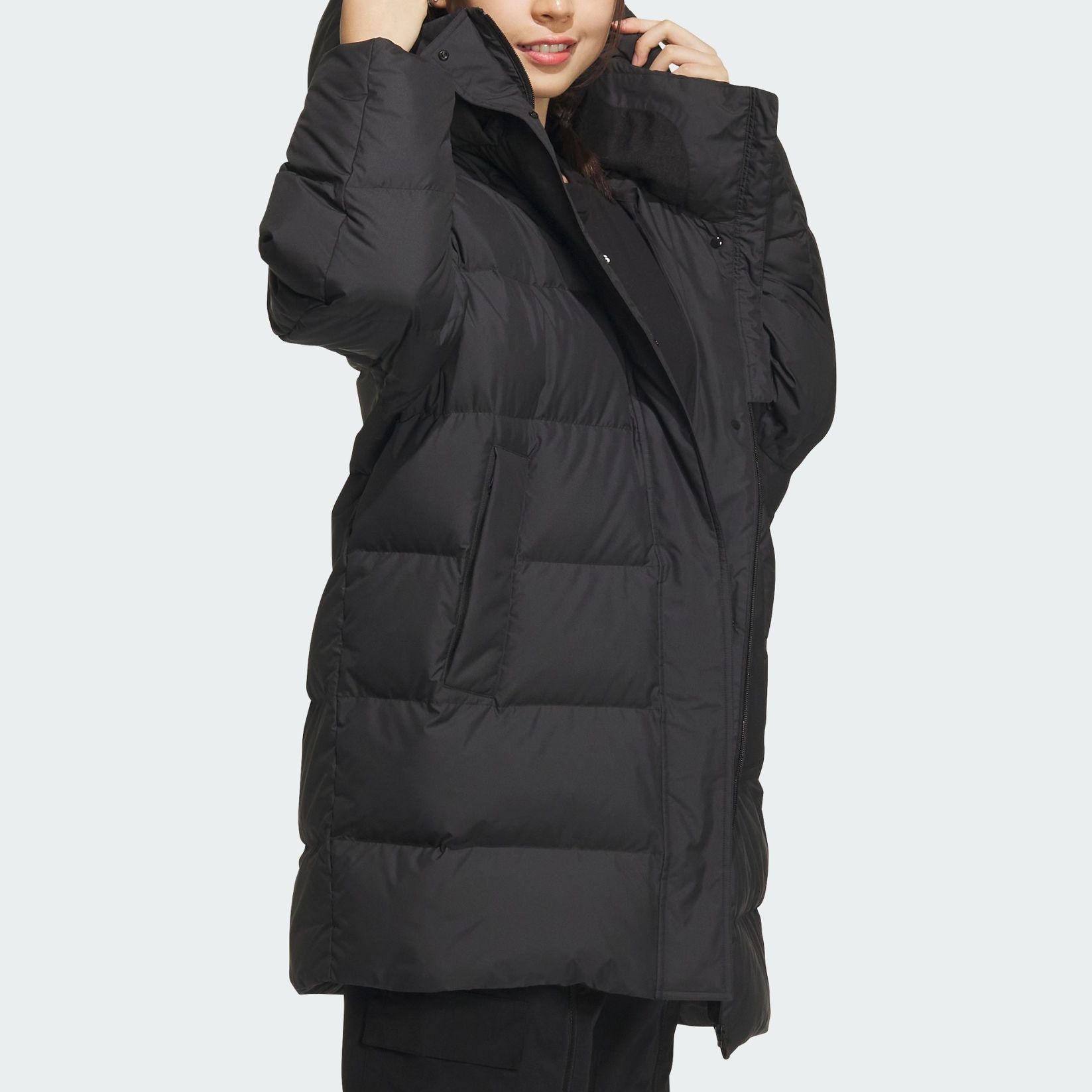 Purchase (W) アディダス ロングプリントフード付きダウンジャケット ブラック 防風冬用カジュアル IV7556