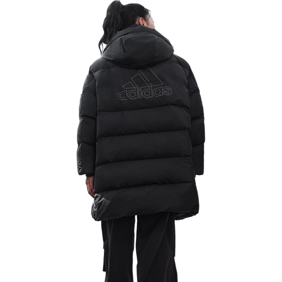 Sizing (W) アディダス ロングプリントフード付きダウンジャケット ブラック 防風冬用カジュアル IV7556