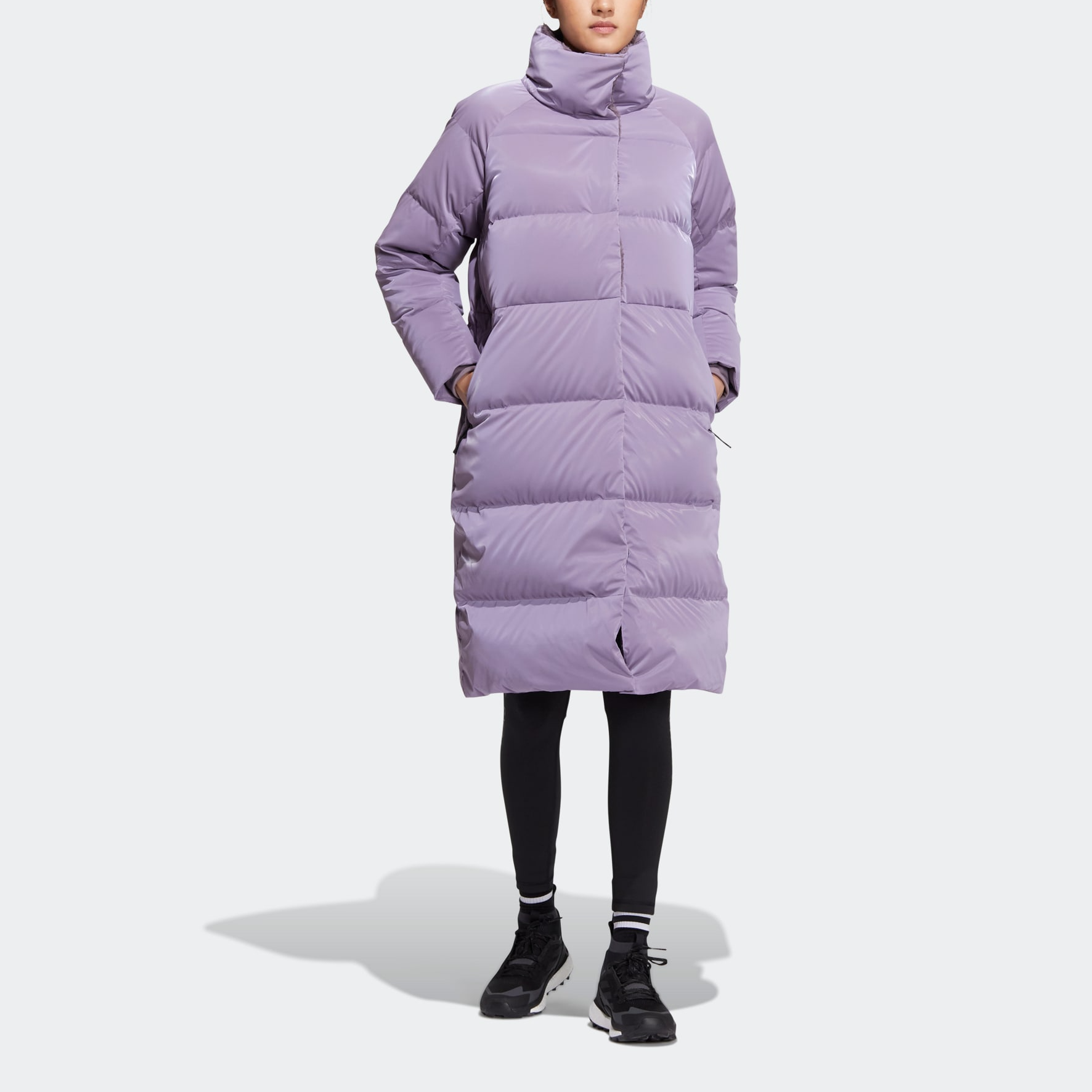 Lookbook (Women) adidas  W Goose Down Mid-Length Purple Puffer Jacket with Logo Patch. HN2119