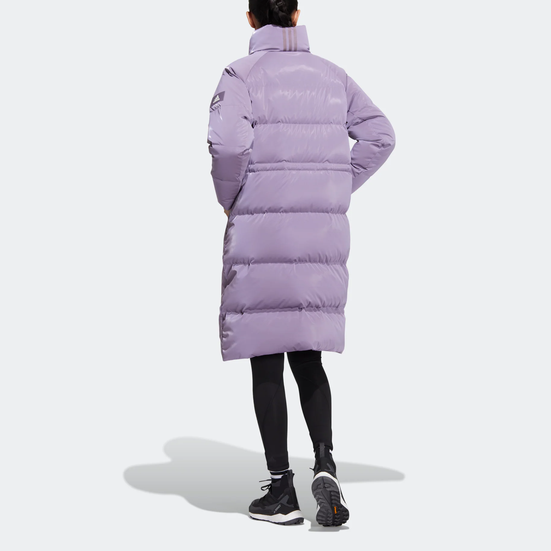 Shop (Women) adidas  W Goose Down Mid-Length Purple Puffer Jacket with Logo Patch. HN2119