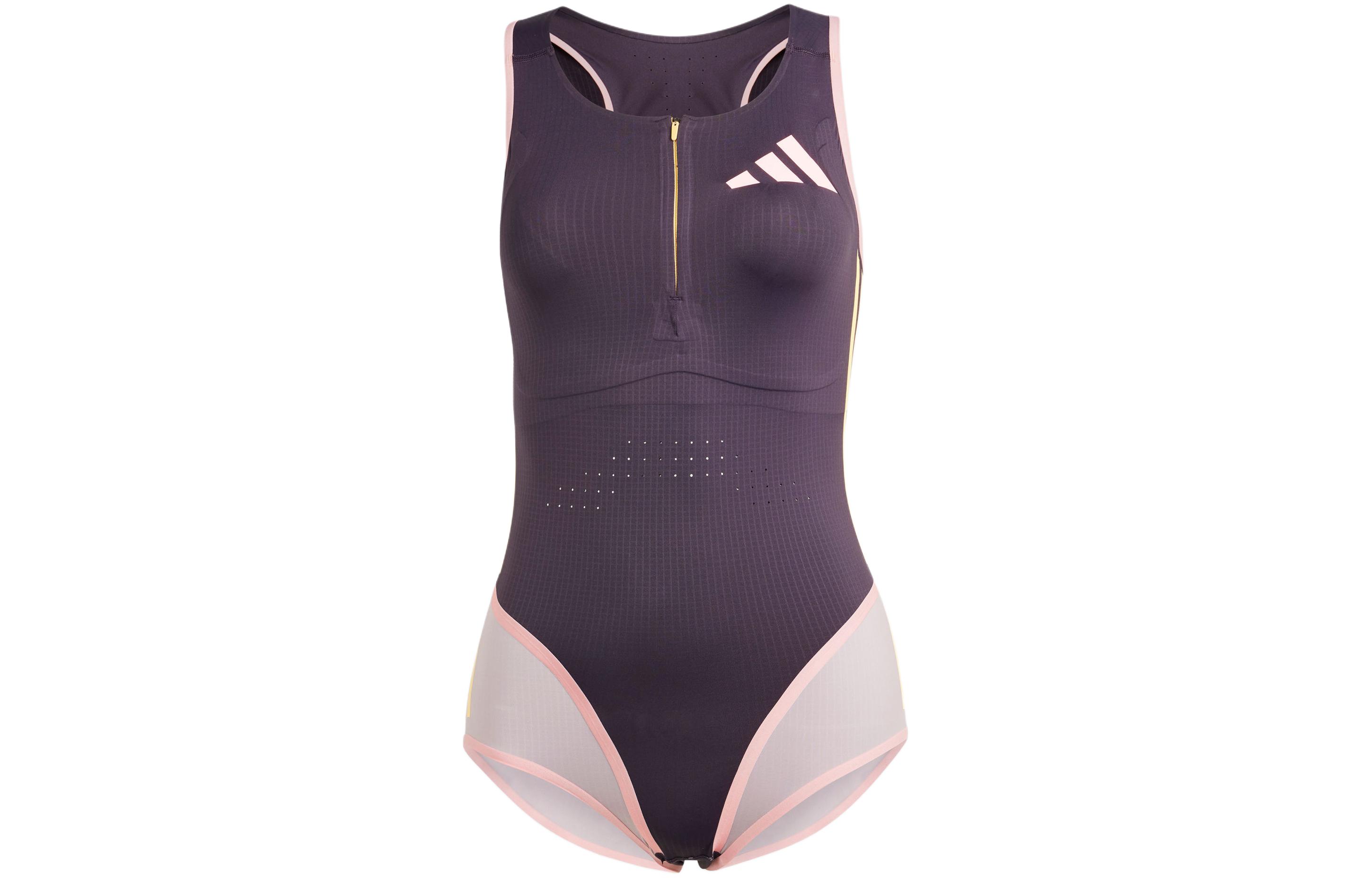 (Women) adidas ADIZERO  Running Colorblock Leotard Black Purple Short Sleeve. IN1204