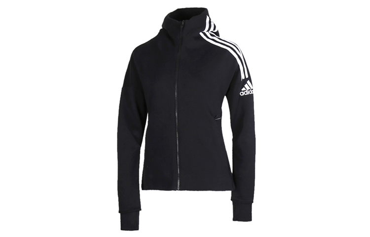 (Women) adidas Black 3-Stripes Logo Print Hoodie Jacket with Thumb Holes FL1959