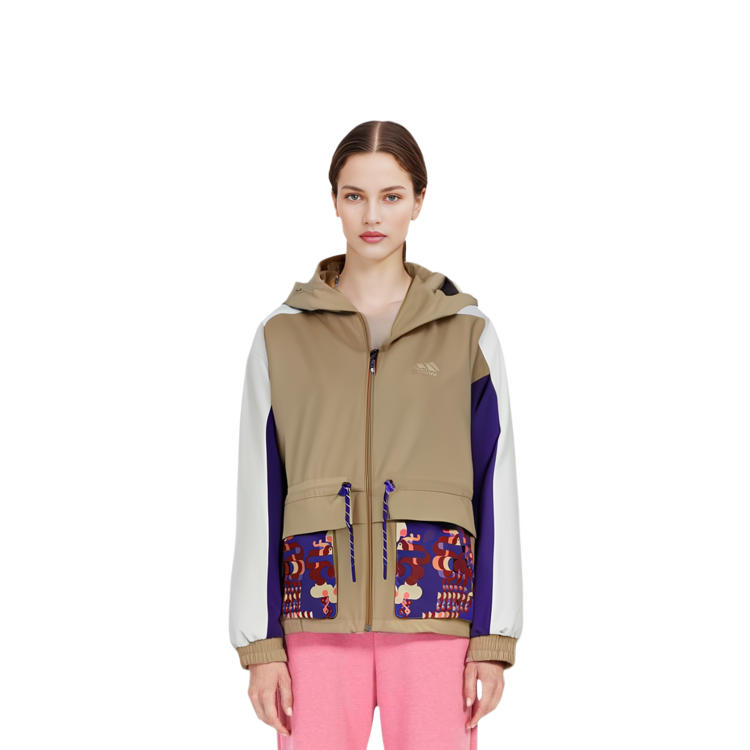 Cheap (W) 阿迪达斯 CNY系列拼接图案连帽夹克 卡其棕色 GP0611