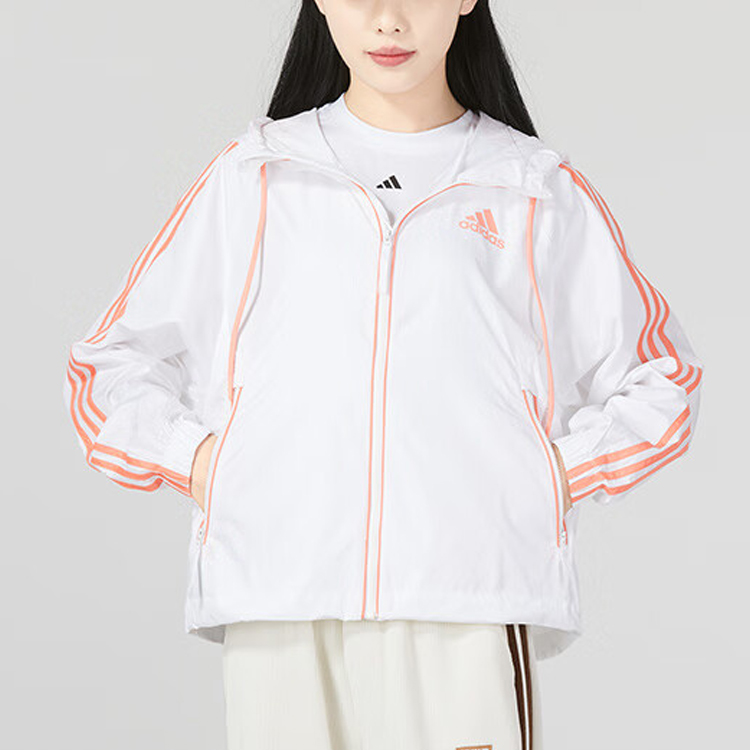 (Women) adidas Colorblock Striped Drawstring Hooded Jacket White HT8752 圖 4
