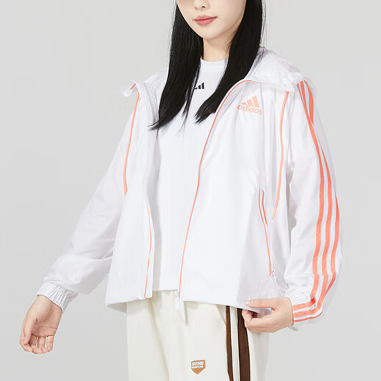 (Women) adidas Colorblock Striped Drawstring Hooded Jacket White HT8752 圖 6