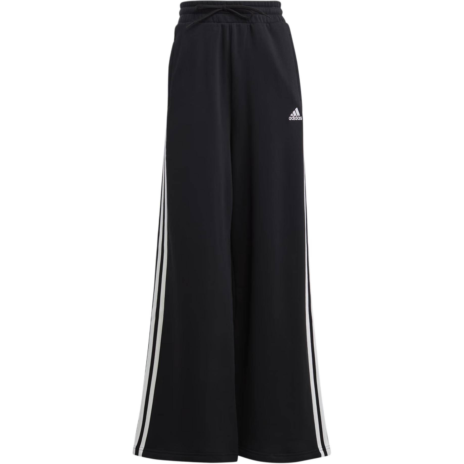 (Women) adidas Essentials 3-Stripes Wide Leg French Terry Pants Black Retro Style HZ5747