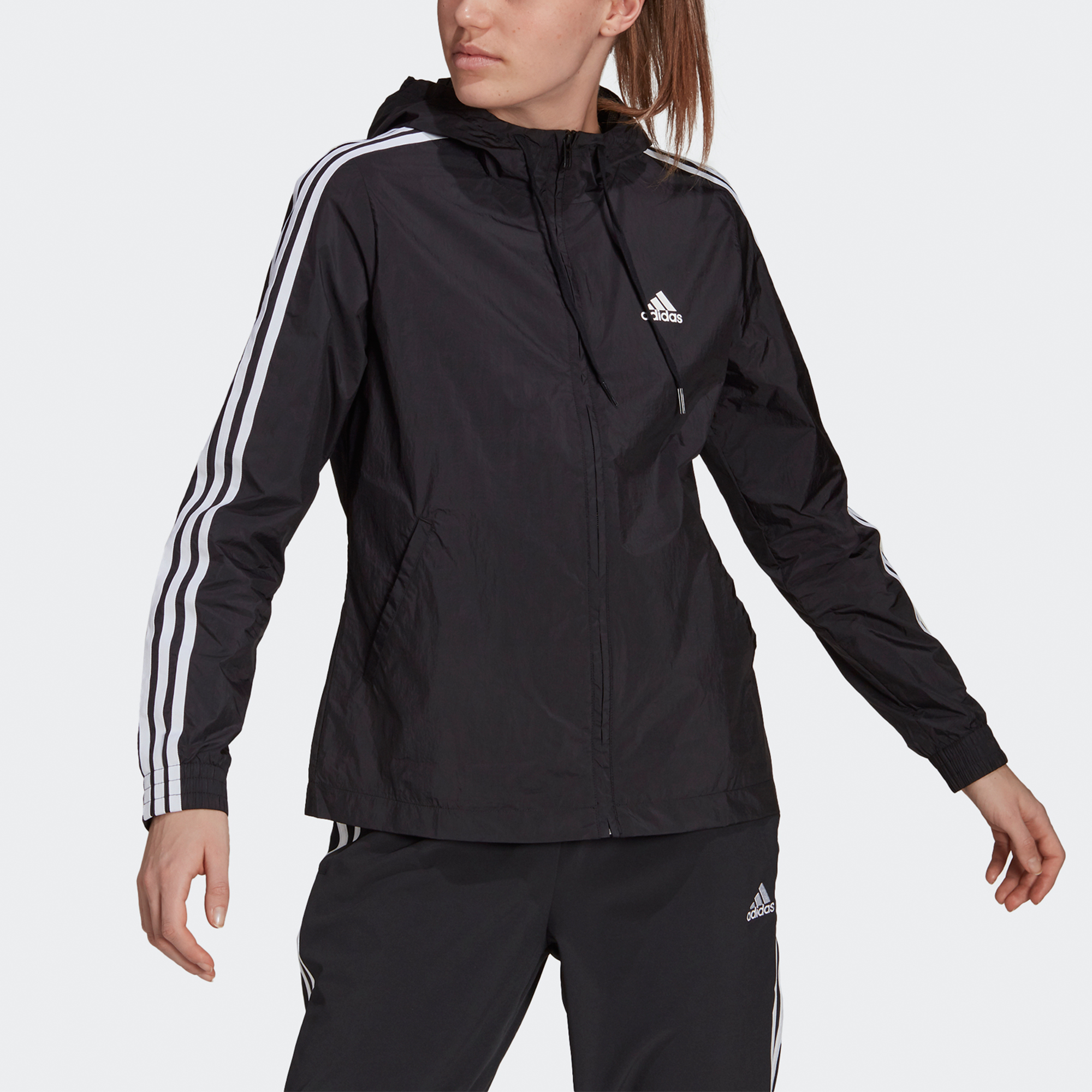 (Women) adidas ESSENTIALS FW22 Black Logo Casual Sports Hooded Jacket GR9602 圖 3