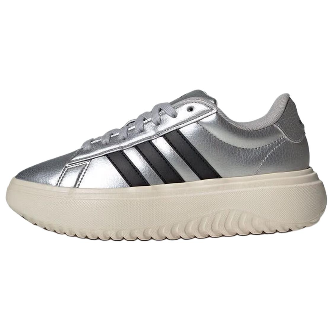 (Women) adidas Grand Court Platform Silver Casual Low-Top Sneakers. IH9110