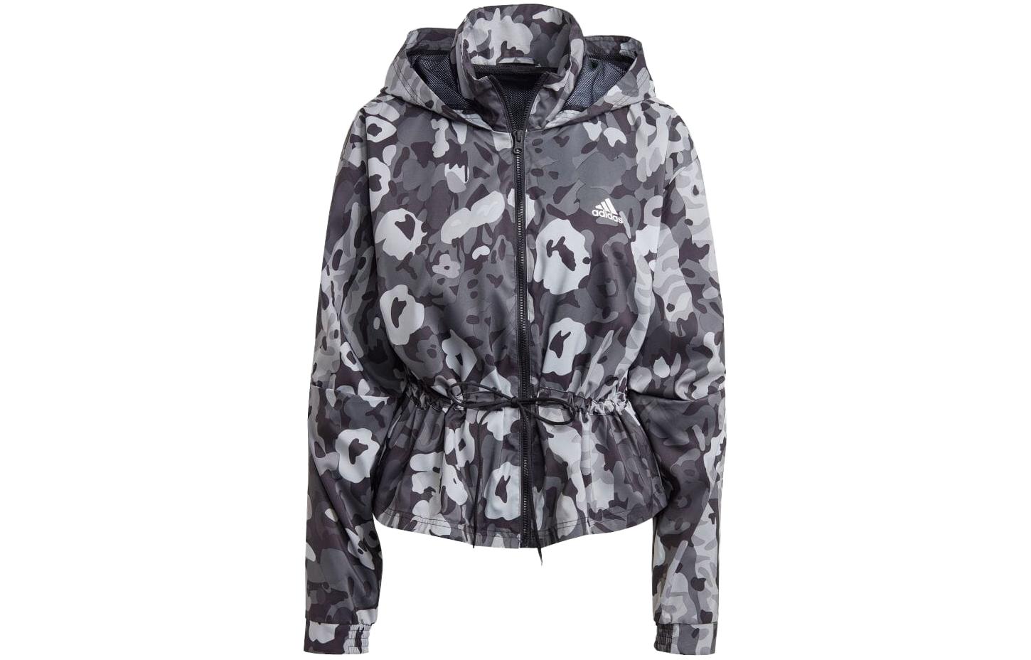 (Women) adidas Logo Camo Windbreaker Hoodie Jacket Black IC0556