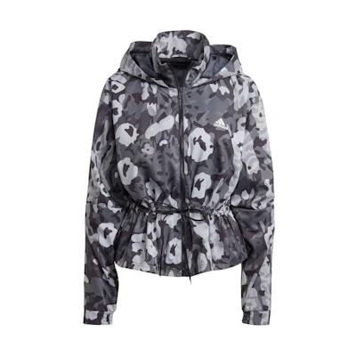 (Women) adidas Logo Camo Windbreaker Hoodie Jacket Black IC0556