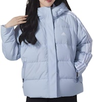 (W) アディダス ロゴプリント 3ストライプ フード付きダウンジャケット ミラクルブルー IT8718 Lookbook (W) アディダス ロゴプリント 3ストライプ フード付きダウンジャケット ミラクルブルー IT8718
