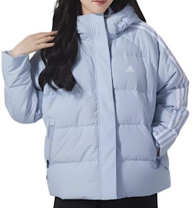 (W) アディダス ロゴプリント 3ストライプ フード付きダウンジャケット ミラクルブルー IT8718 Lookbook (W) アディダス ロゴプリント 3ストライプ フード付きダウンジャケット ミラクルブルー IT8718