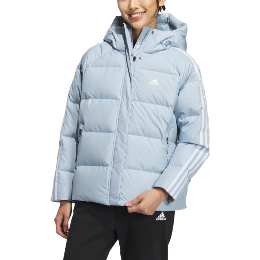 Sizing (W) アディダス ロゴプリント 3ストライプ フード付きダウンジャケット ミラクルブルー IT8718