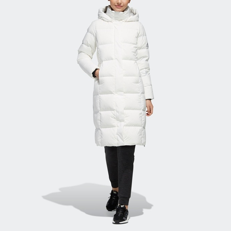 Shop (Women) adidas Long Down Parka White Winter Coat with Hood EH3986