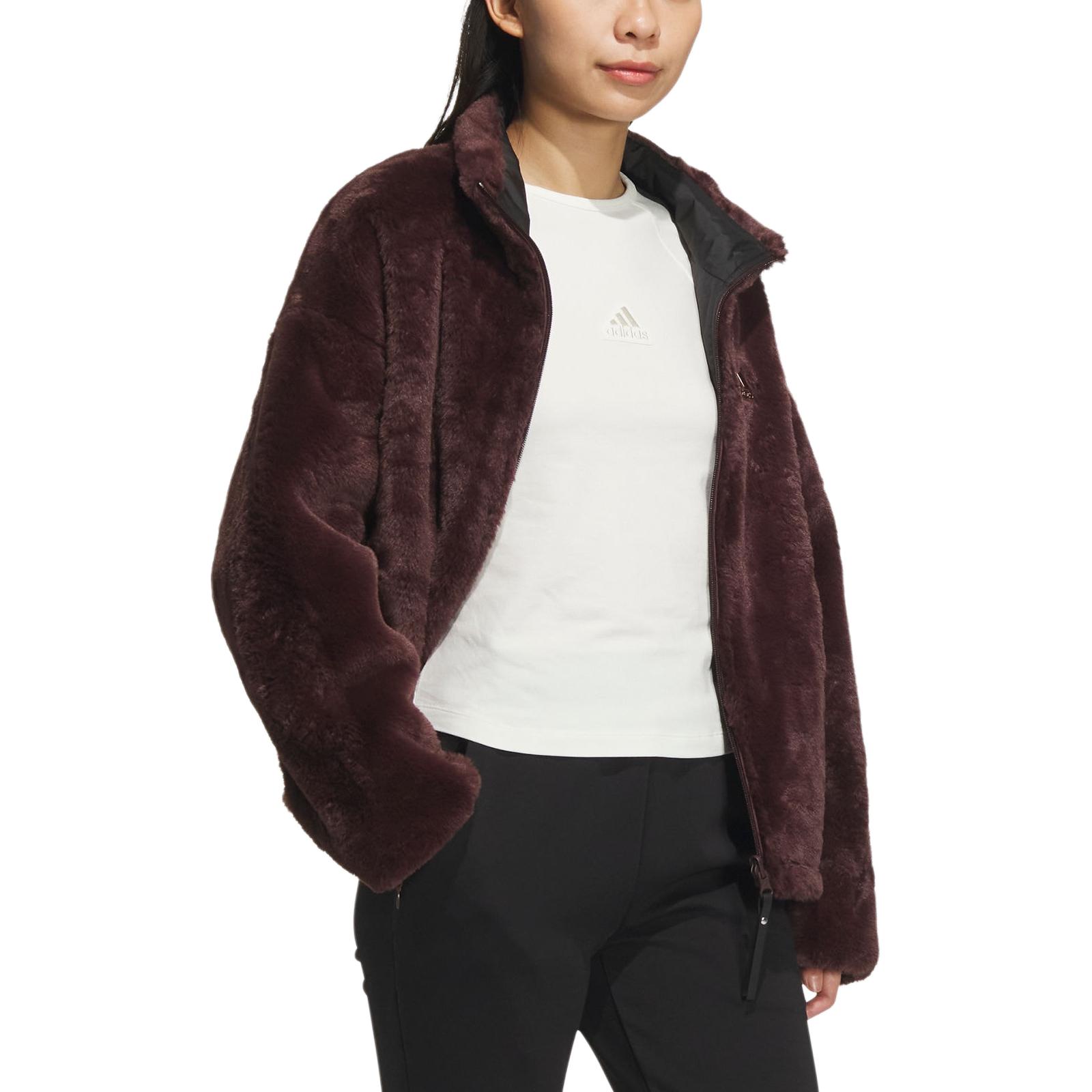 Shop (Women) adidas Modern Reversible Fur Jacket Dark Gray Brown Casual Long Sleeve JX6837