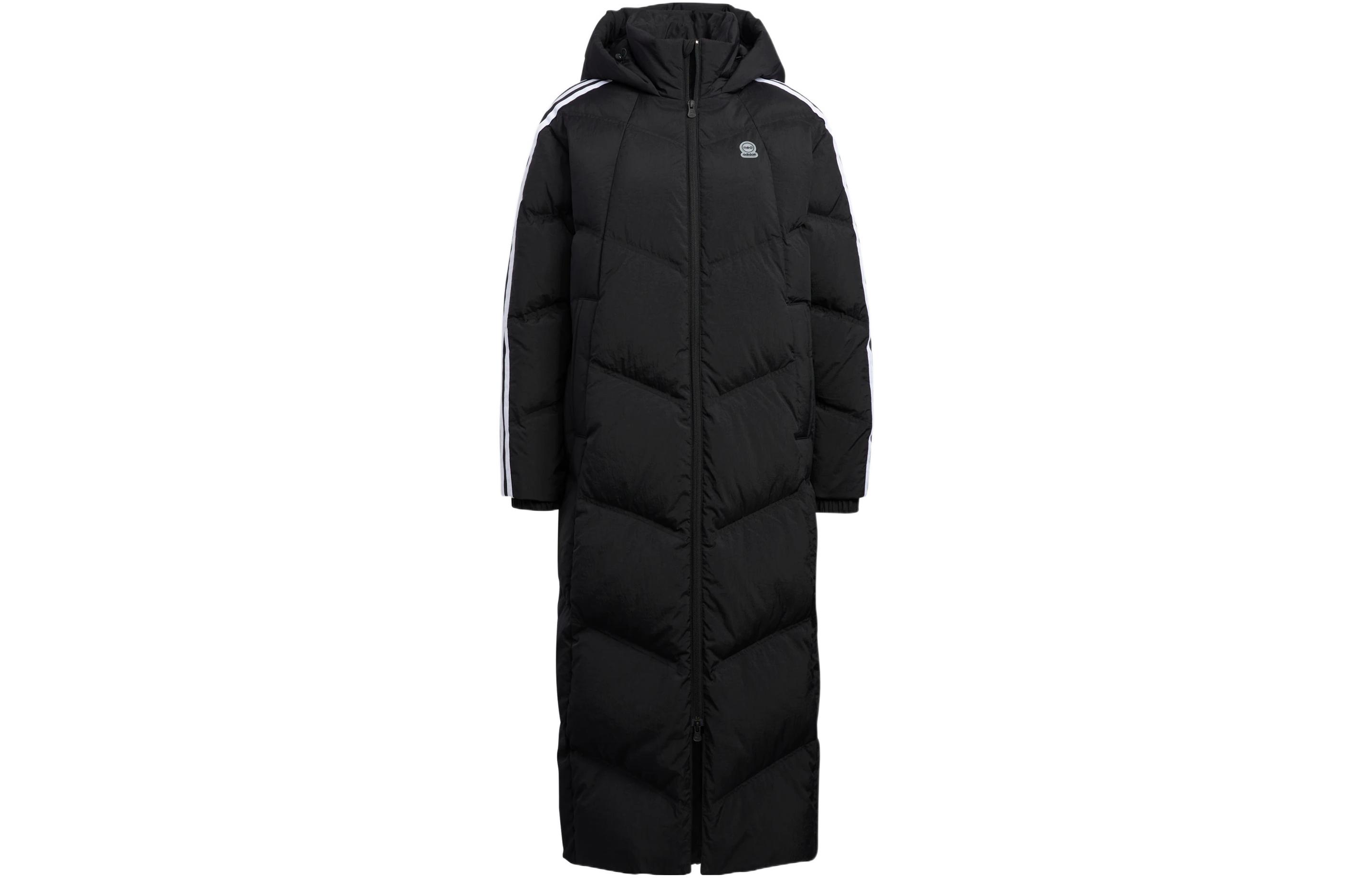 Buy (Women) adidas Neo  Long Hooded Down Jacket Black with Logo and Three Stripe Details. HN9866