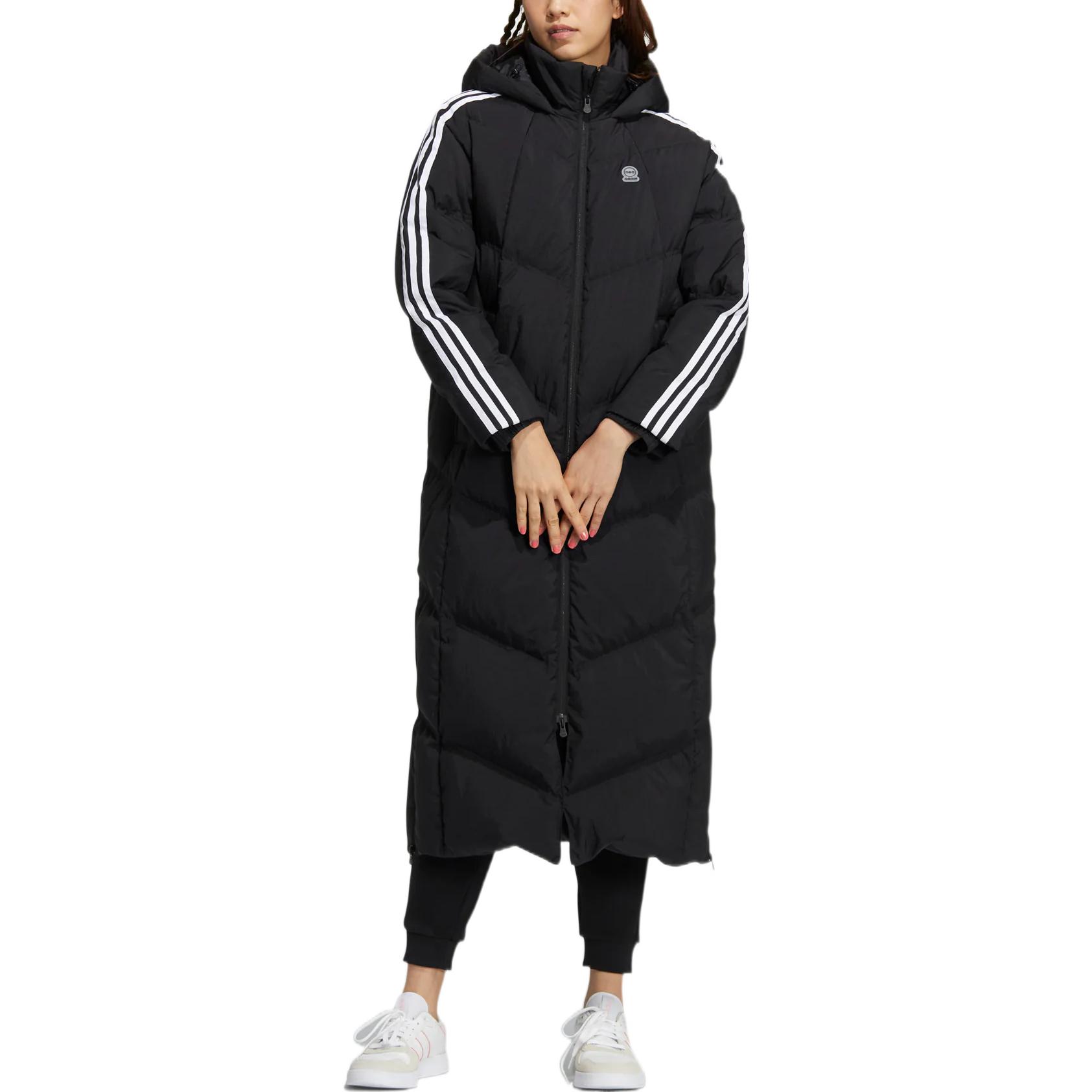 Lookbook (Women) adidas Neo  Long Hooded Down Jacket Black with Logo and Three Stripe Details. HN9866