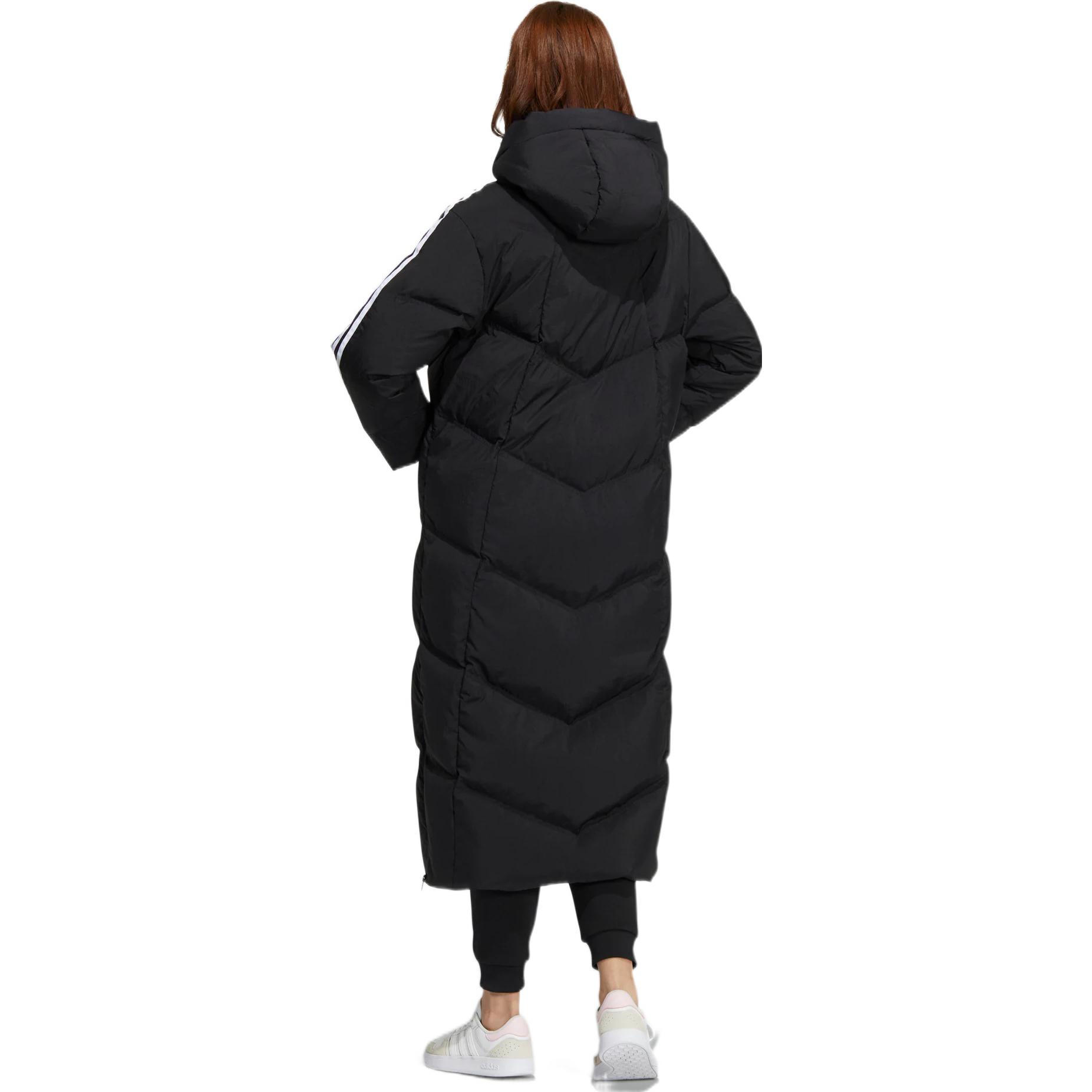 Shop (Women) adidas Neo  Long Hooded Down Jacket Black with Logo and Three Stripe Details. HN9866