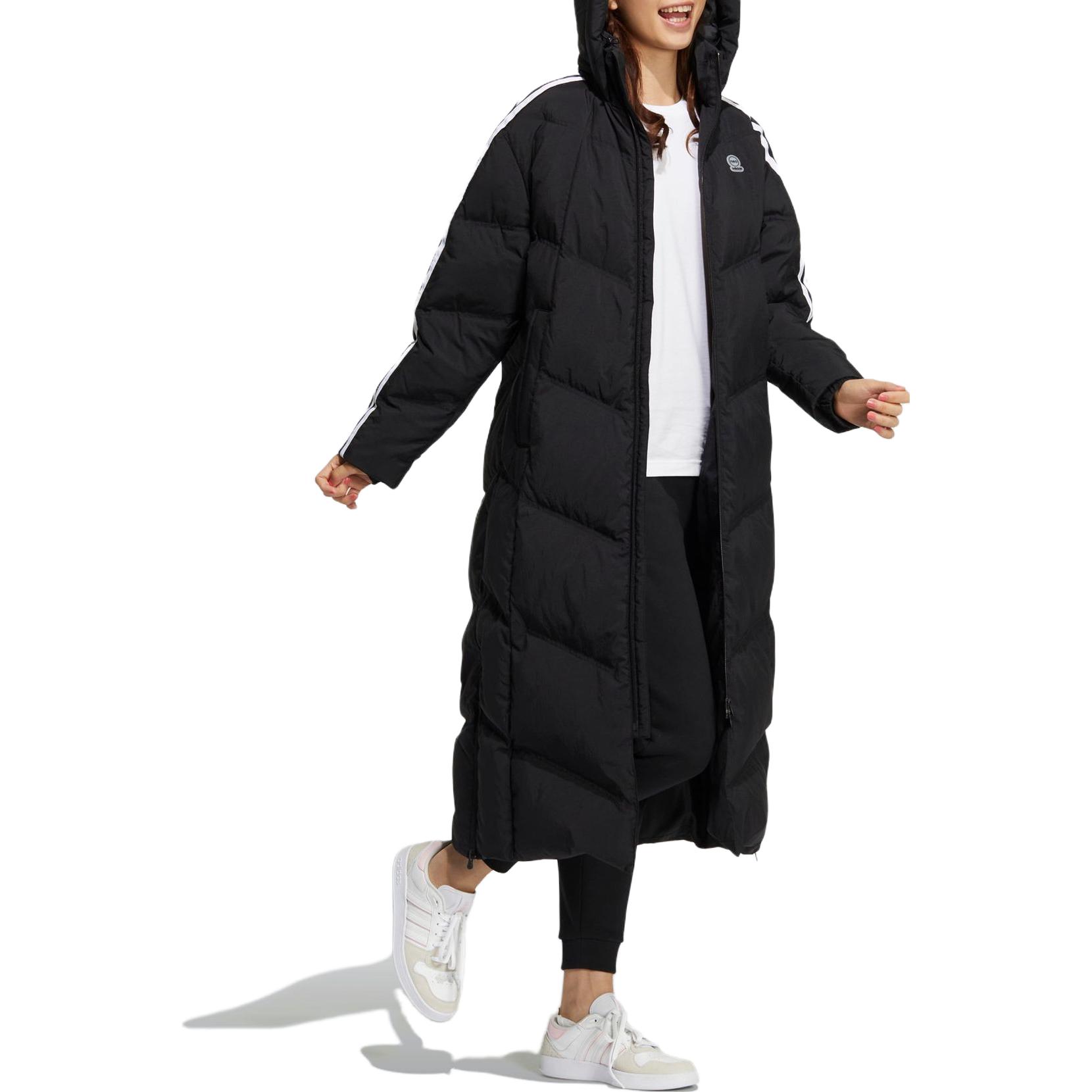 Purchase (Women) adidas Neo  Long Hooded Down Jacket Black with Logo and Three Stripe Details. HN9866