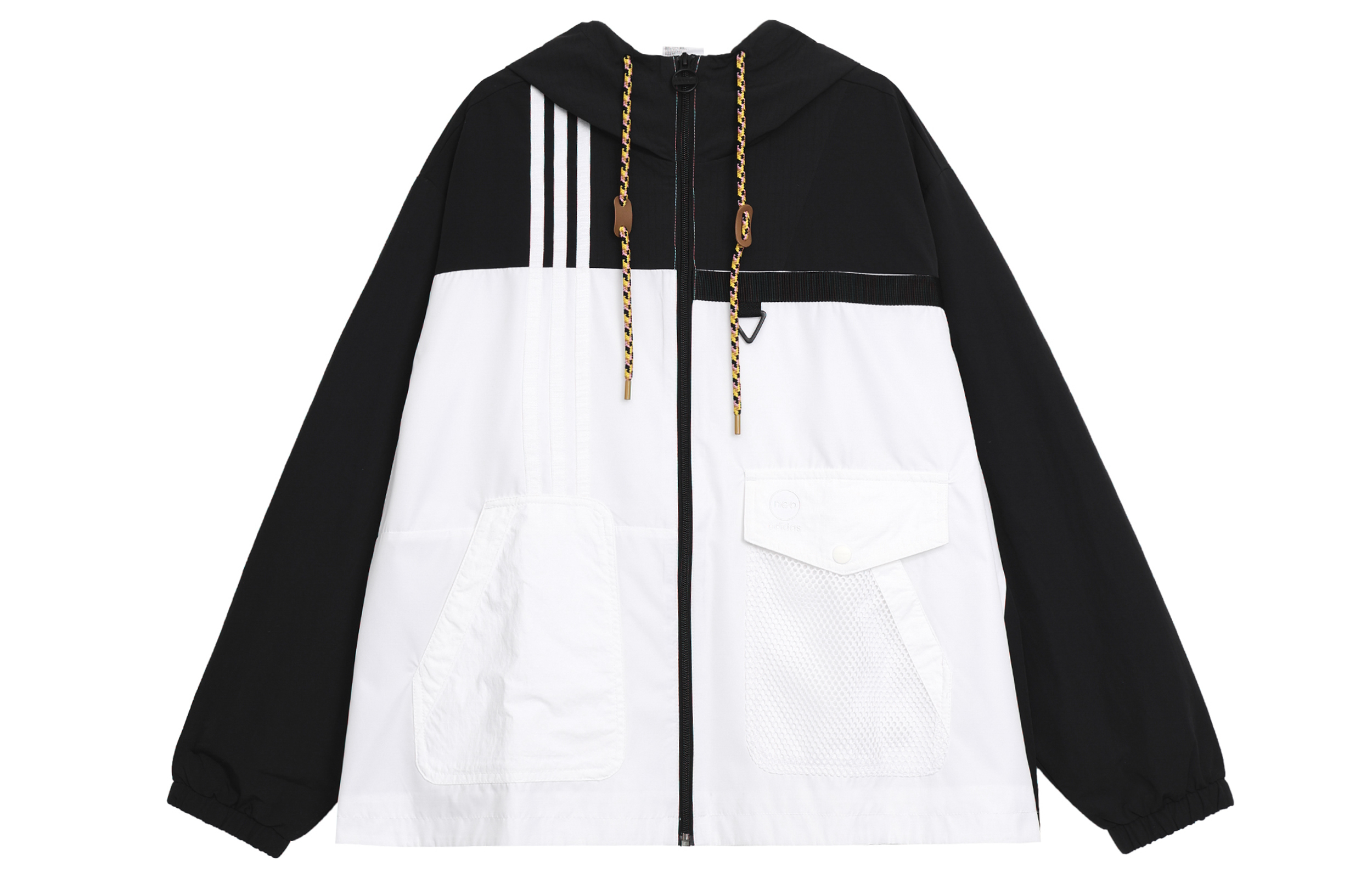 (Women) adidas NEO Colorblock Loose Fit Drawstring Hoodie Jacket Black White HN2321
