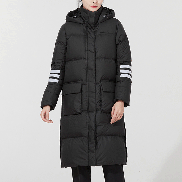 Lookbook (W) adidas Neo 長版條紋連帽黑色羽絨外套 冬季保暖 H18619
