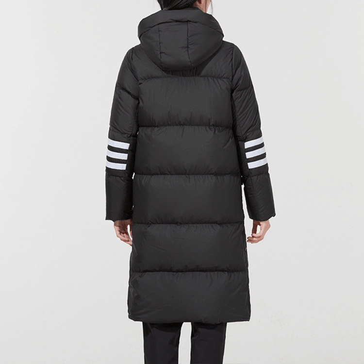 Shop (W) adidas Neo 長版條紋連帽黑色羽絨外套 冬季保暖 H18619