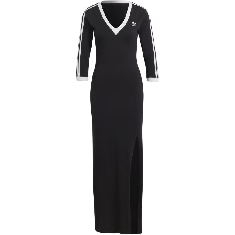 (Women) adidas Originals 3-Stripes V-Neck Maxi Dress Black Casual Wear IK0439