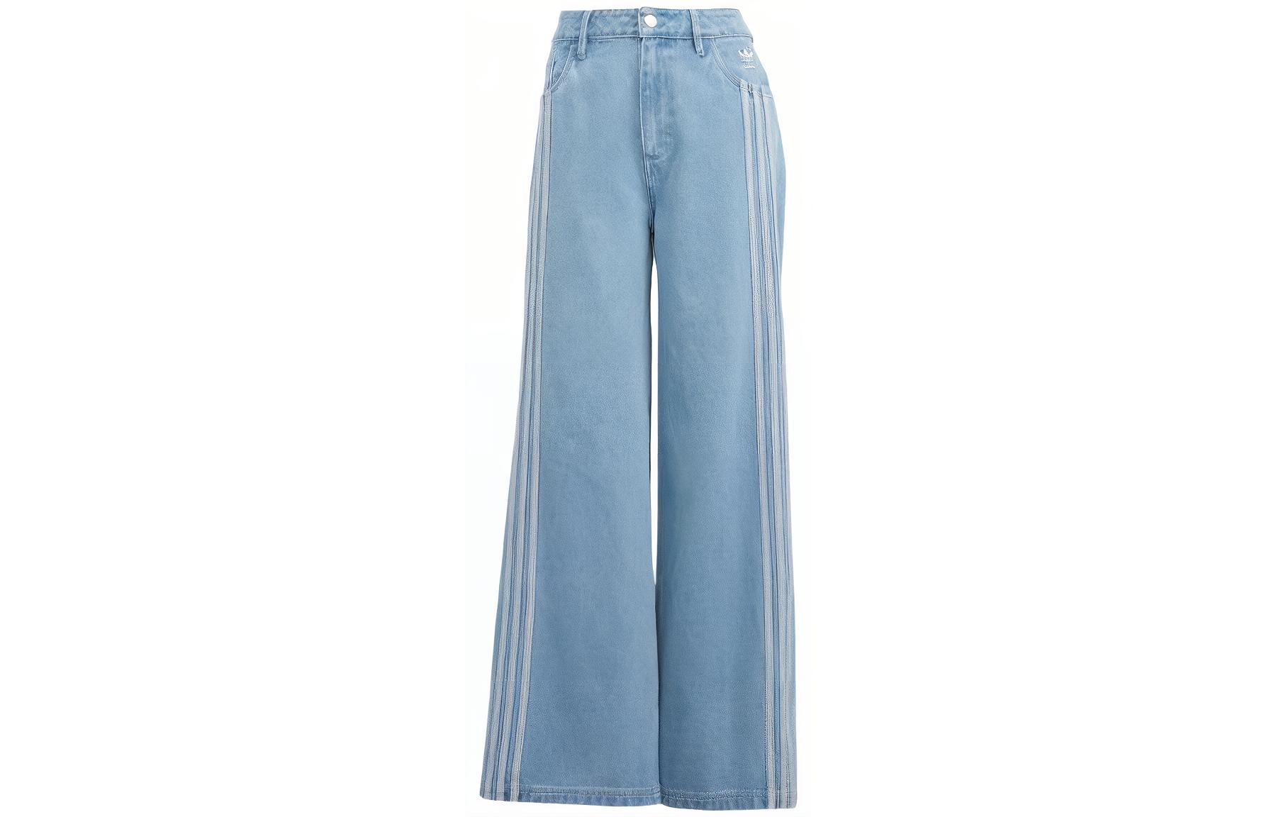 (Women) adidas Originals  Spliced Wide-Leg Denim Pants Triple Stripe Light Blue IS5249