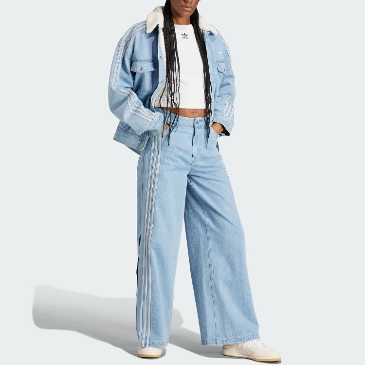 Purchase (W) 阿迪达斯三条纹宽腿牛仔裤浅蓝色 Originals 拼接款式 IS5249