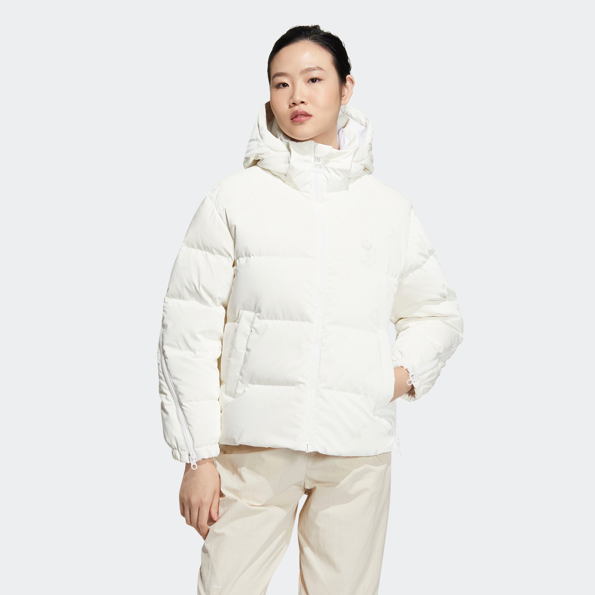 Purchase (Women) adidas Originals  White Allover Print Down Jacket with Logo Patch Hooded. HS9511