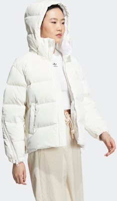 (Women) adidas Originals White Allover Print Down Jacket with Logo Patch Hooded. HS9511 Cheap (Women) adidas Originals White Allover Print Down Jacket with Logo Patch Hooded. HS9511