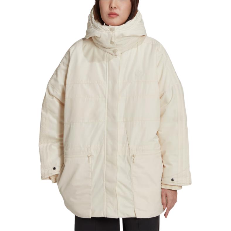 Lookbook (Women) adidas Originals  White Hooded Parka Jacket with Zip Front. HK5249