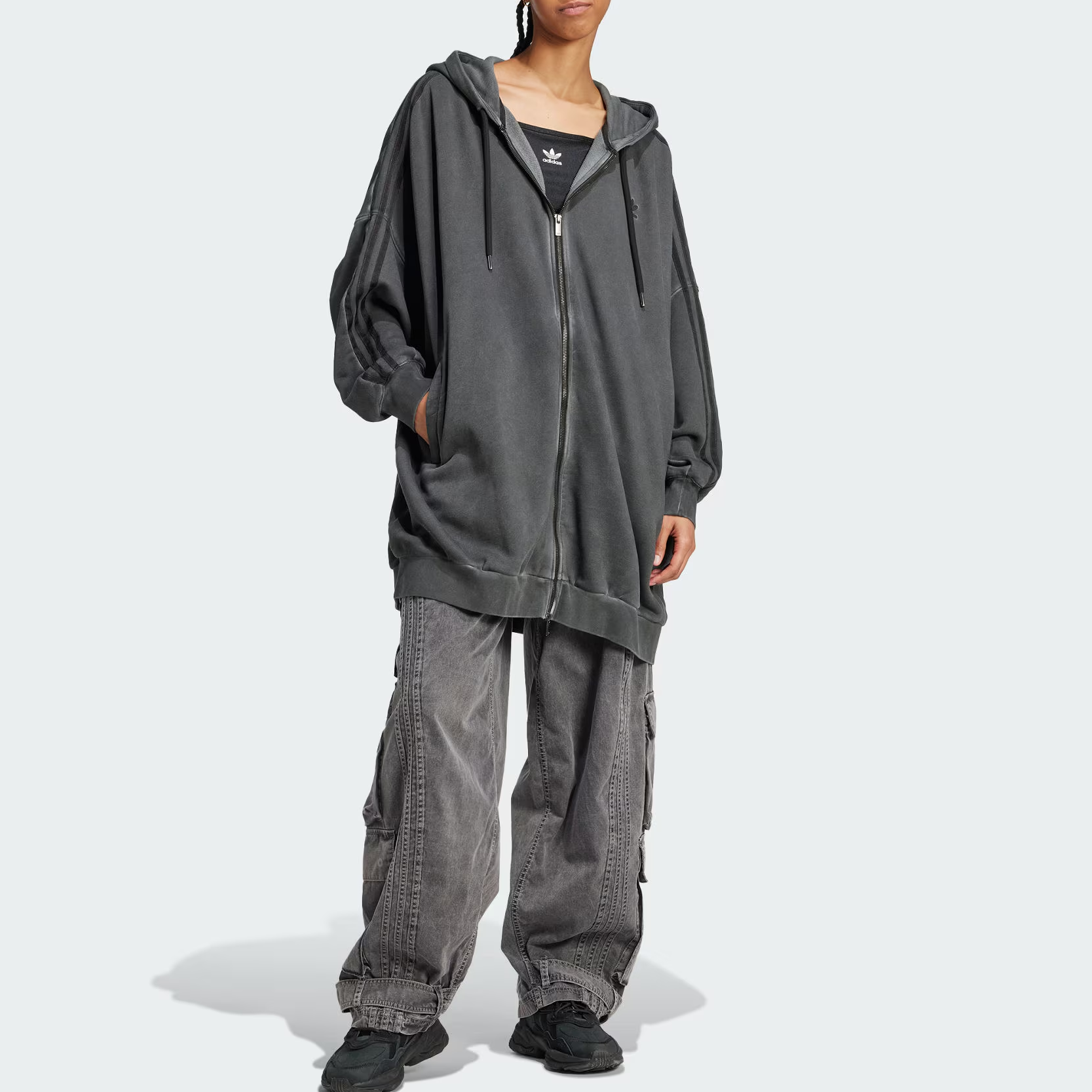 (Women) adidas Originals Adilenium Washed Full-Zip Hoodie Relaxed Fit - Grey JM9249 圖 3