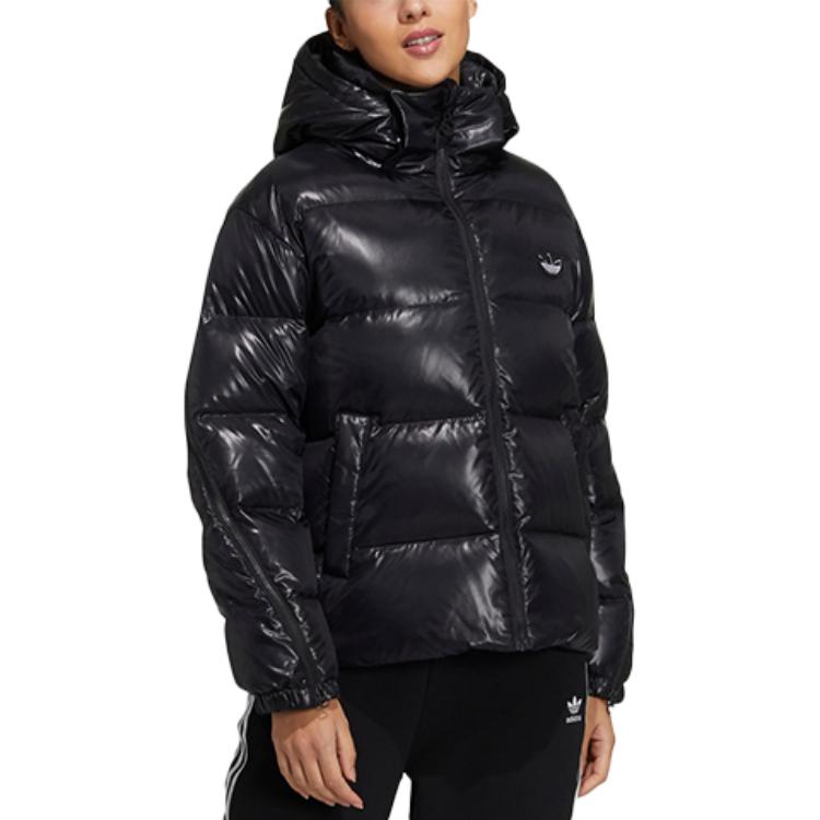 Shop (W) Adidas Originals 黑色連帽徽標羽絨外套配拉鍊袖口 H36774
