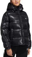 Shop (Women) Adidas Originals Black Logo Puffer Jacket with Hood and Zip Cuffs H36774