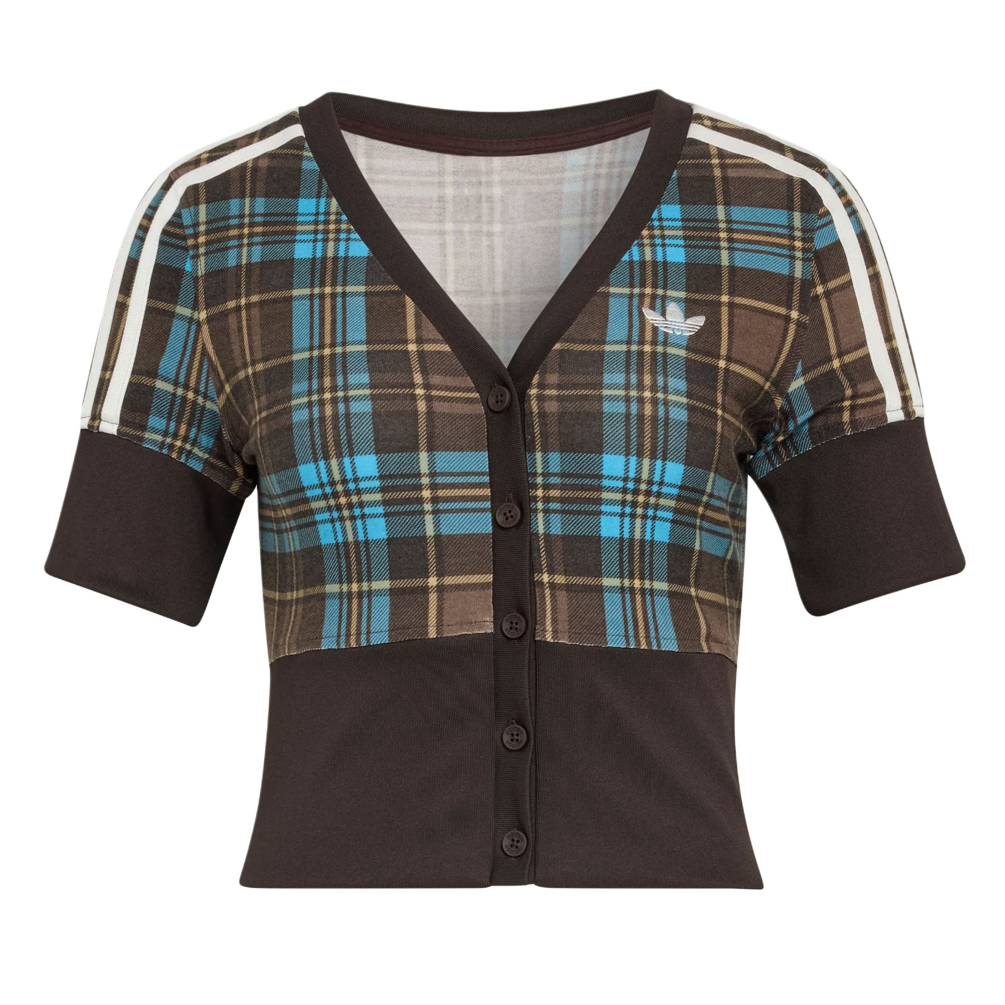 (Women) adidas Originals Checked Button-Up V-Neck Short Sleeve Shirt KW4548