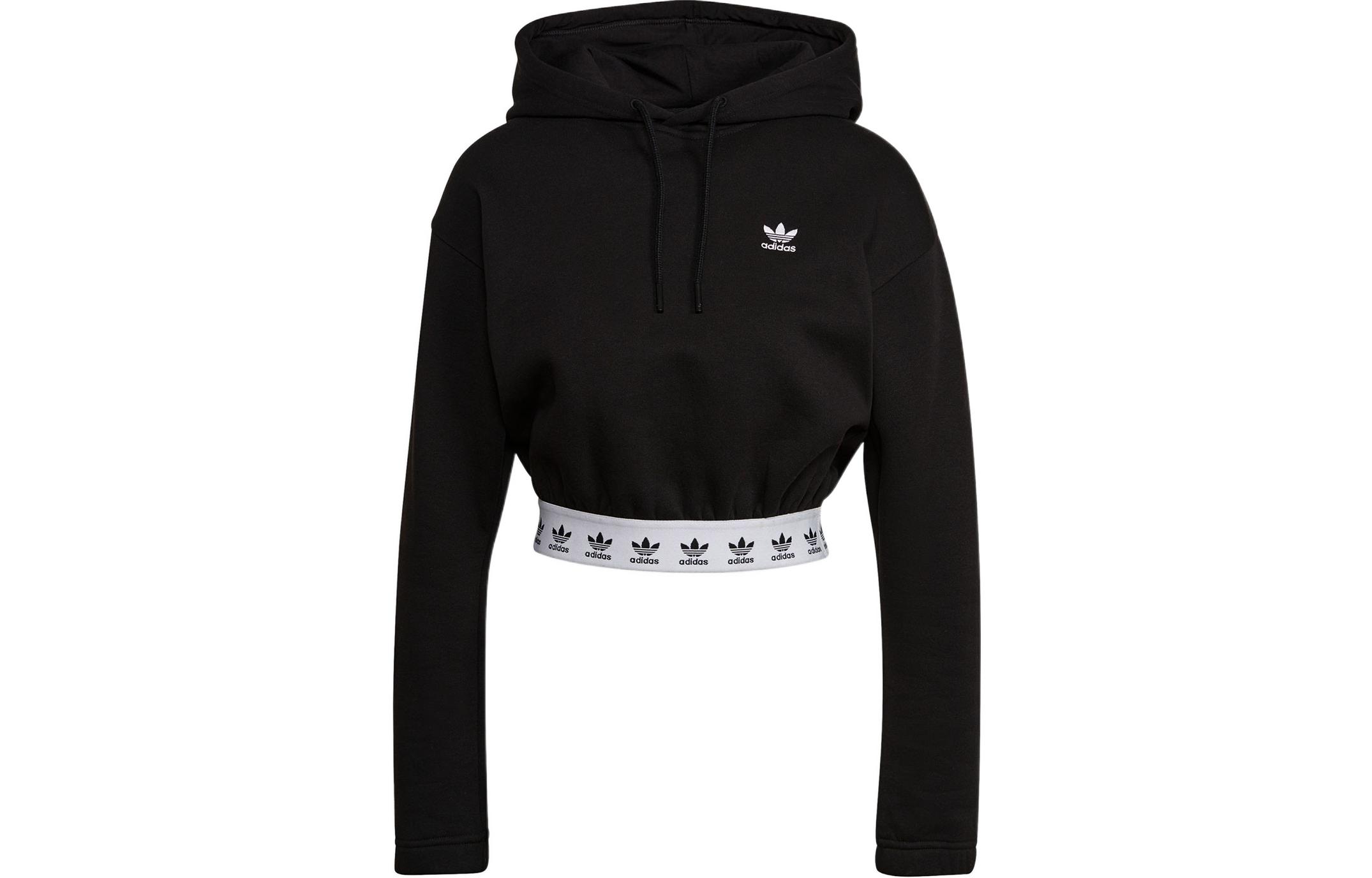 (Women) adidas Originals Cropped Black Hoodie with Trefoil Logo and Drawstring HB6031