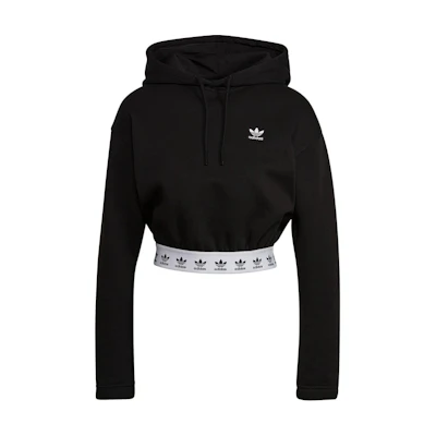(Women) adidas Originals Cropped Black Hoodie with Trefoil Logo and Drawstring HB6031